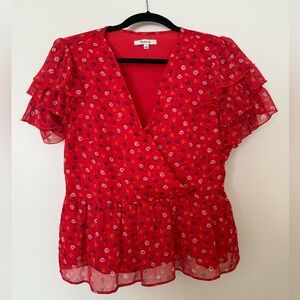 Madewell Red Floral Ruffle Wrap Blouse
